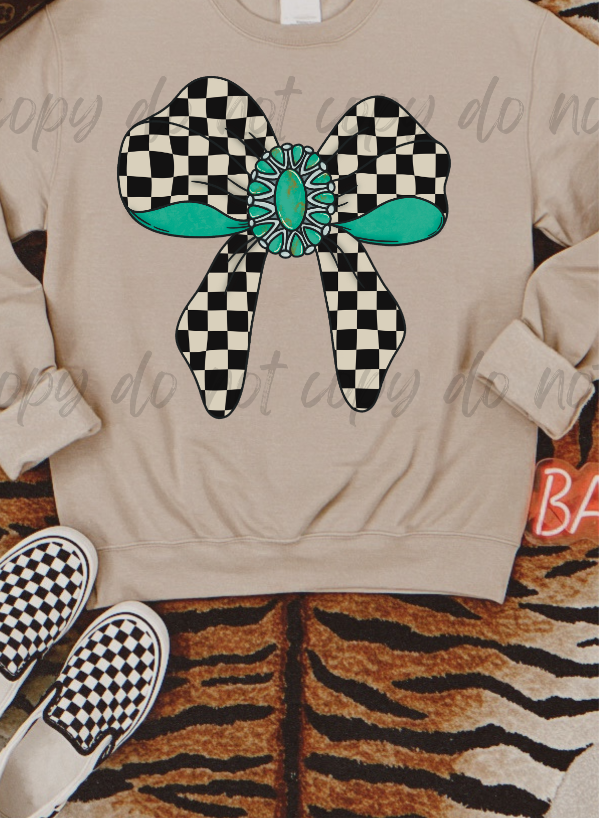 Checkered Turq Bow DTF Transfer