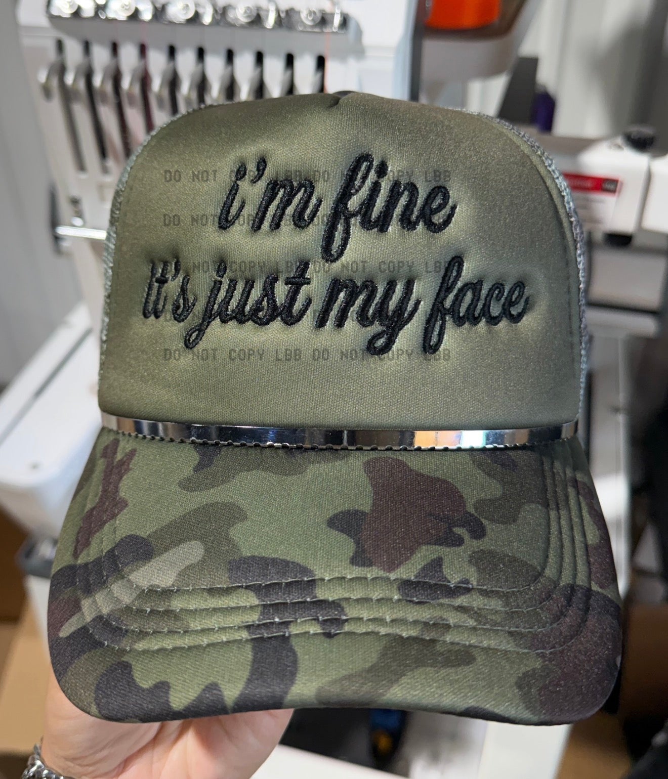 I’m fine it’s just my face embroidered trucker hat