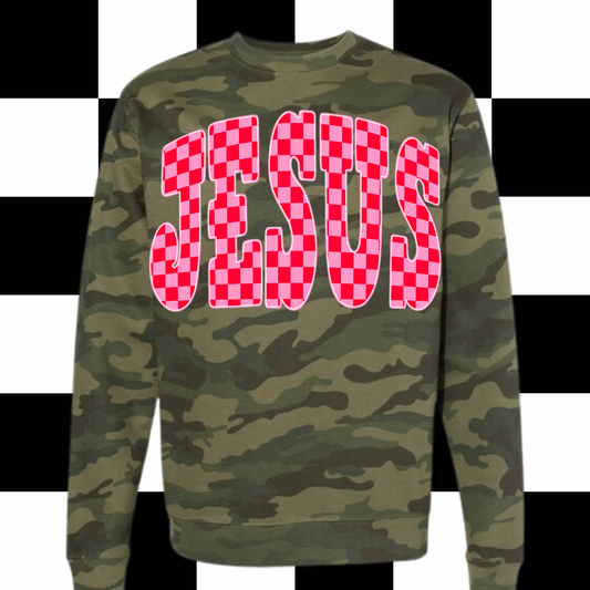 Pink checkered Jesus DTF TRANSFER