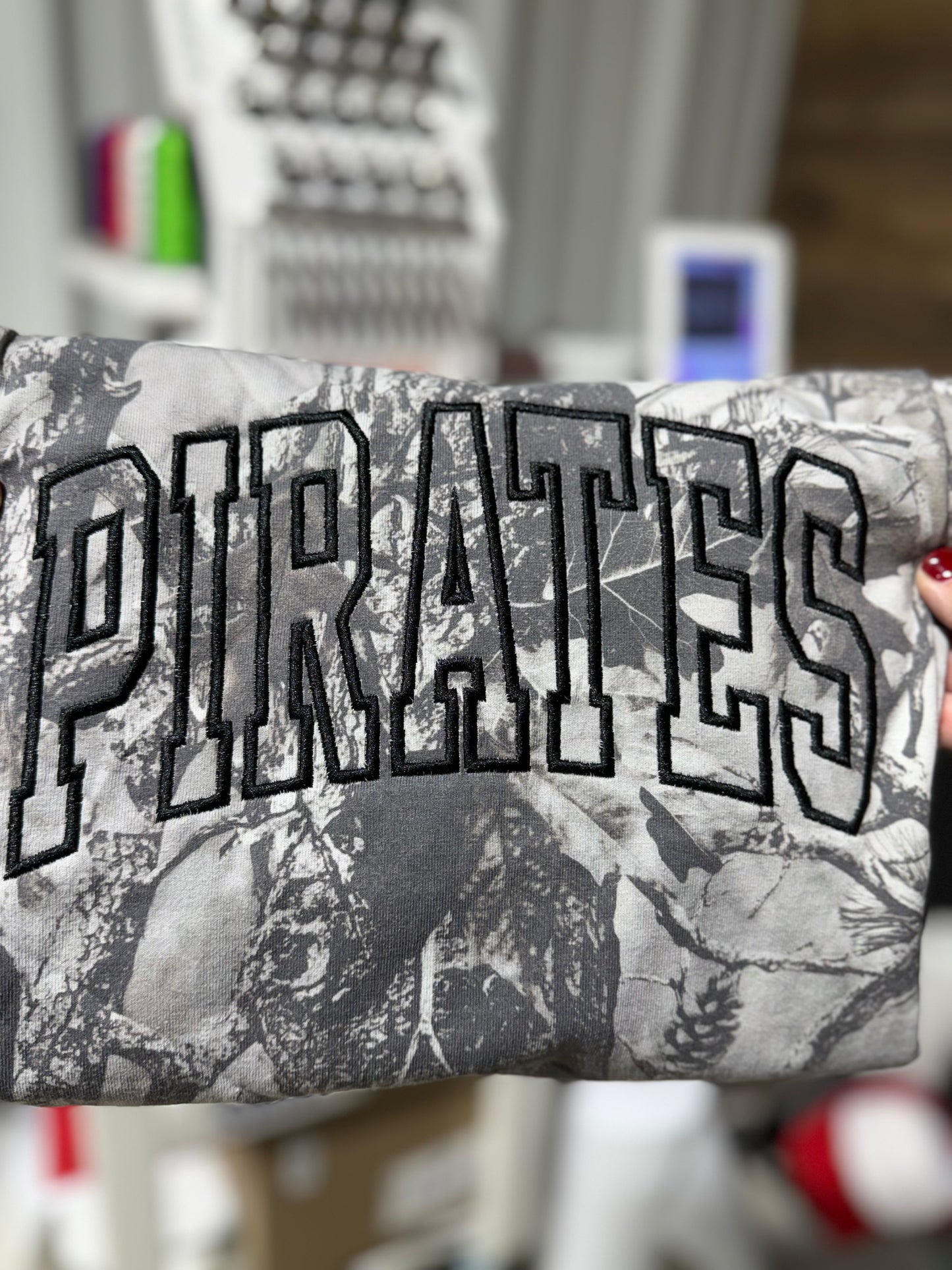 Embroidered PIRATES on camo tee