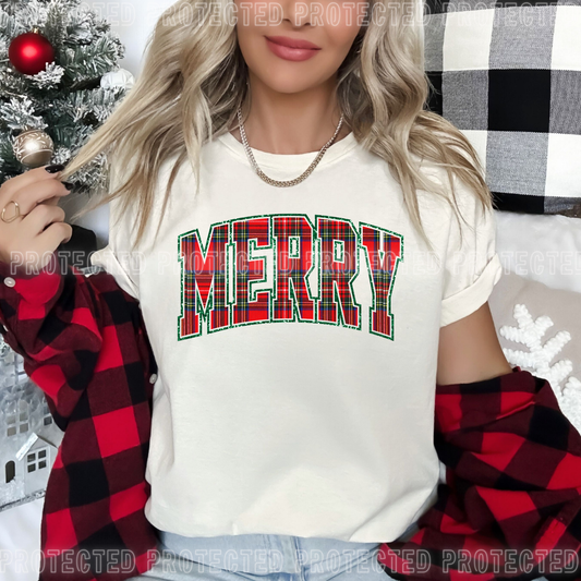 MERRY W/GREEN FAUX GLITTER DTF Transfer