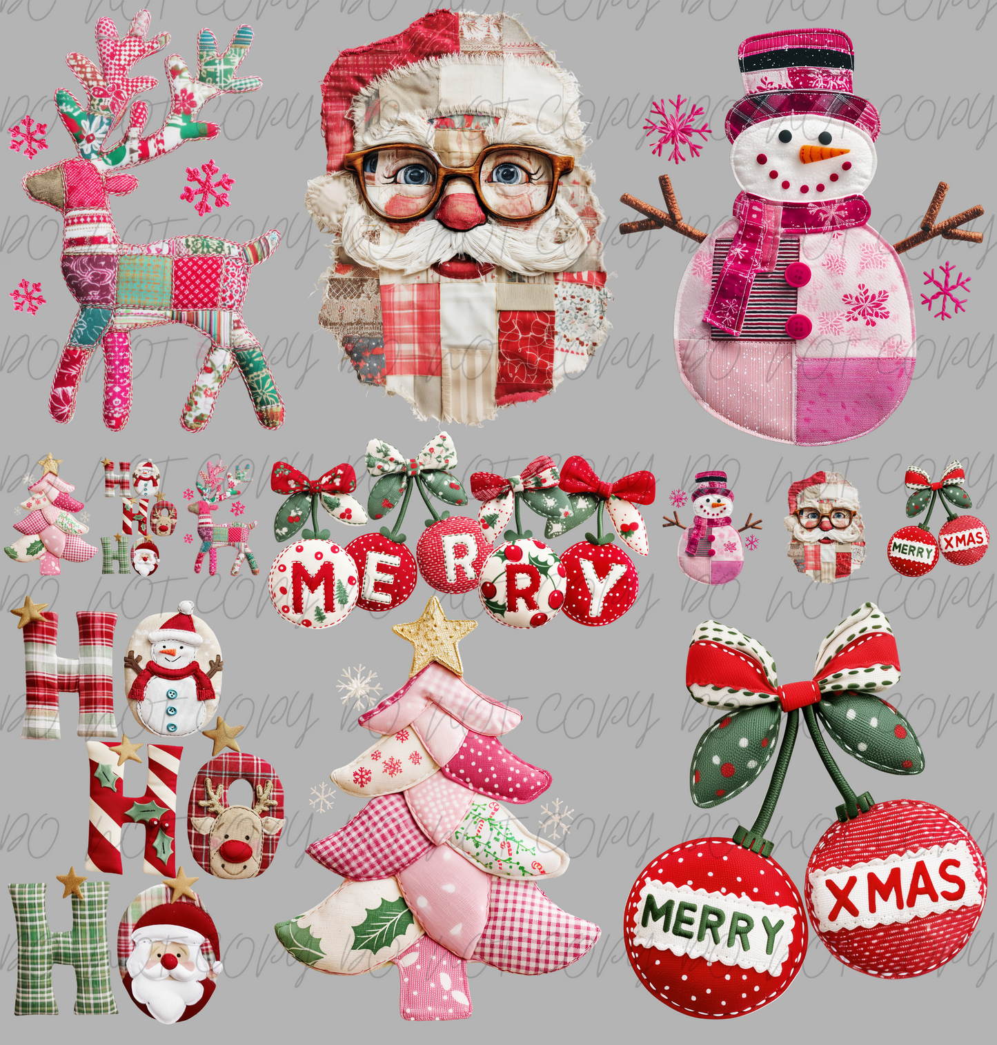 Collection of Christmas-themed decorations including Santa Claus, reindeer, snowman